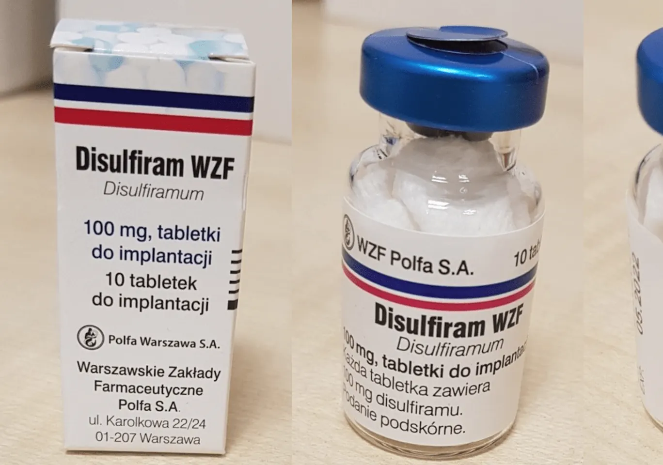 Wszywka alkoholowa Esperal / Disulfiram Biała Podlaska: fiolka disulfiramu obok opakowania leku